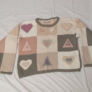 Cozy Patchwork Heart Sweater - Cream, Pink, Tan